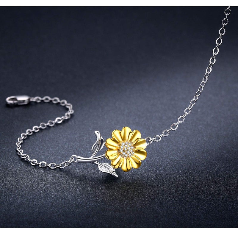 Cuoka Sunflower Bracelet 925 Sterling Silver Sunflower You Are My Sunshine Flower Floral Jewelry Sunflower Mother Day Gift Summer Jewelry for Women Girfriend with Gift Box for Valentine's Day Birthday Anniversary or Christmas Mother's Day - Image 2